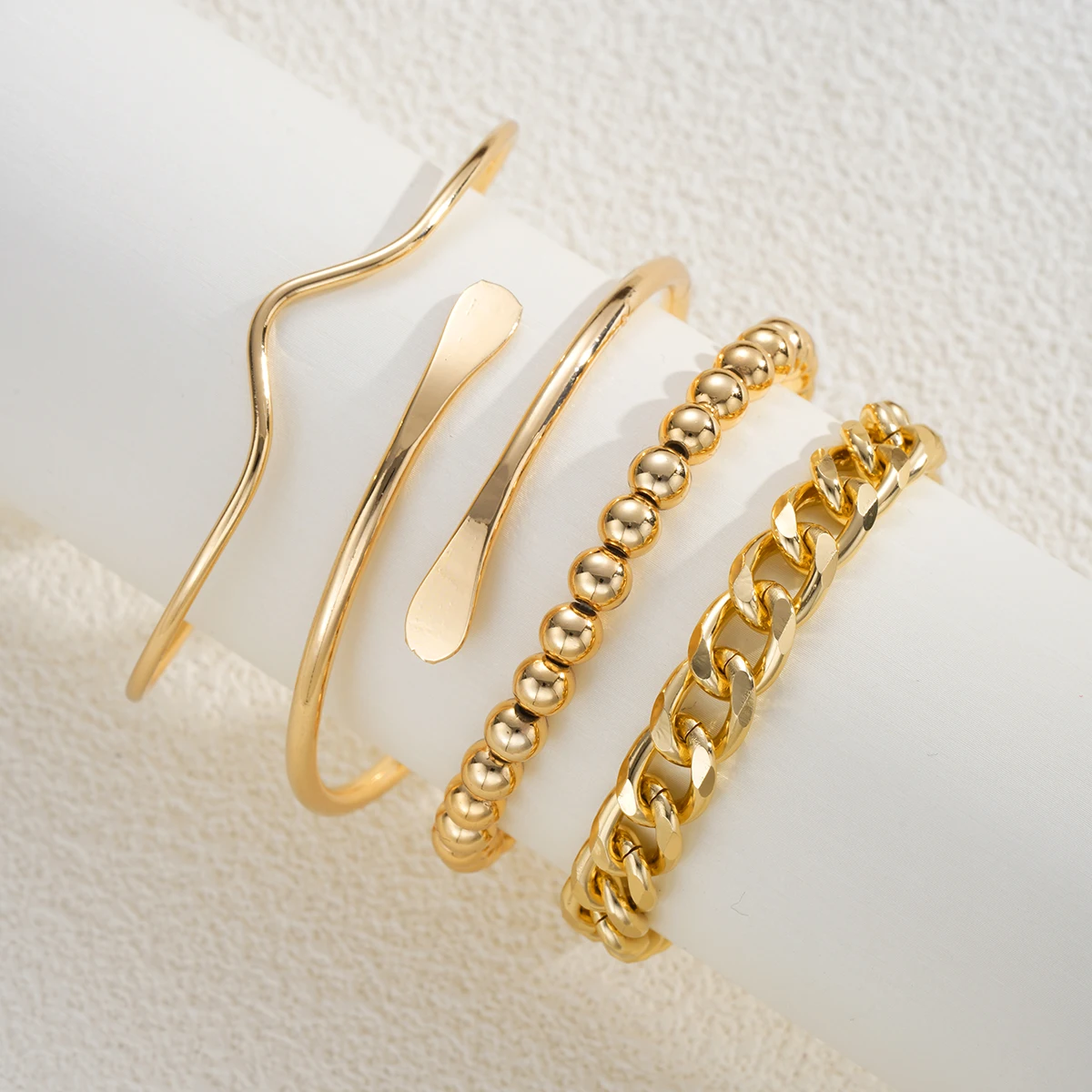 4Pcs Gold Geometric Bracelet Set For Women Minimalist Open Cuff Bangle Cuban Link Beaded Bracelets Trendy Stackable Jewelry Gift