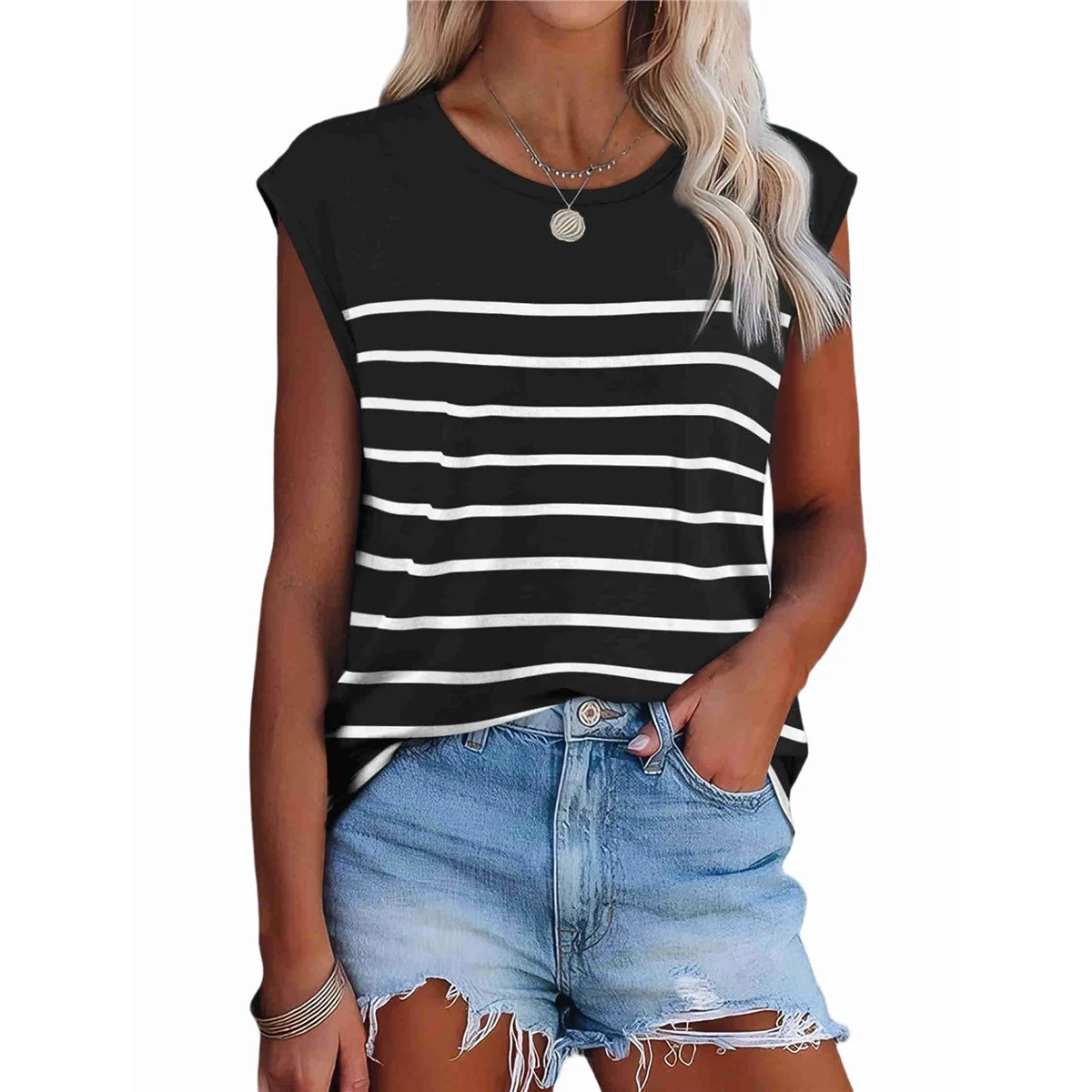 FZFZ Womens Tops Dressy Casual Summer Striped Shirts Cap Sleeve Tops Color Block Loose Fit Black and White M