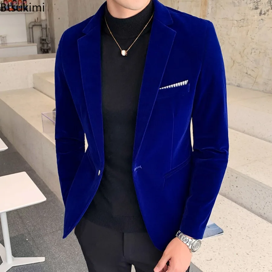 2024 New Korean Style Suit Coat Men\'s Luxuty Velvet Blazers Fashion Casual Men Slim Formal Wear Dress Men Small Suit Jacket Tops