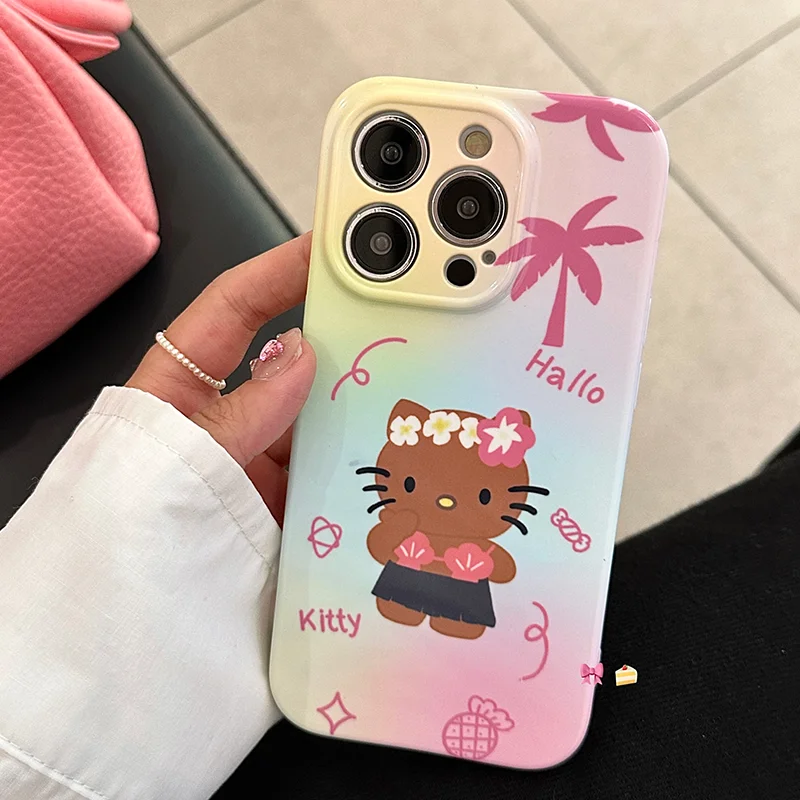 Kawaii Hawaii Bikini Tan Hello Kitty Protective Cover Sanrio Anime Fashion Shockproof Case for IPhone 14 13 12 Pro Max Girl Gift