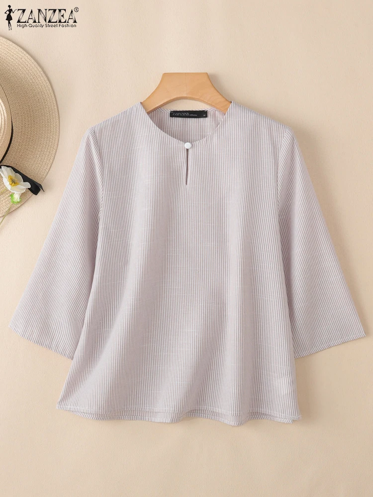 2025, Herbst, Büro, gestreifte Blusen, ZANZEA, stilvolle Damen-Oberteile, lässig, Sommer, V-Ausschnitt, 3/4-Ärmel, elegantes O-Ausschnitt, lose Hemden