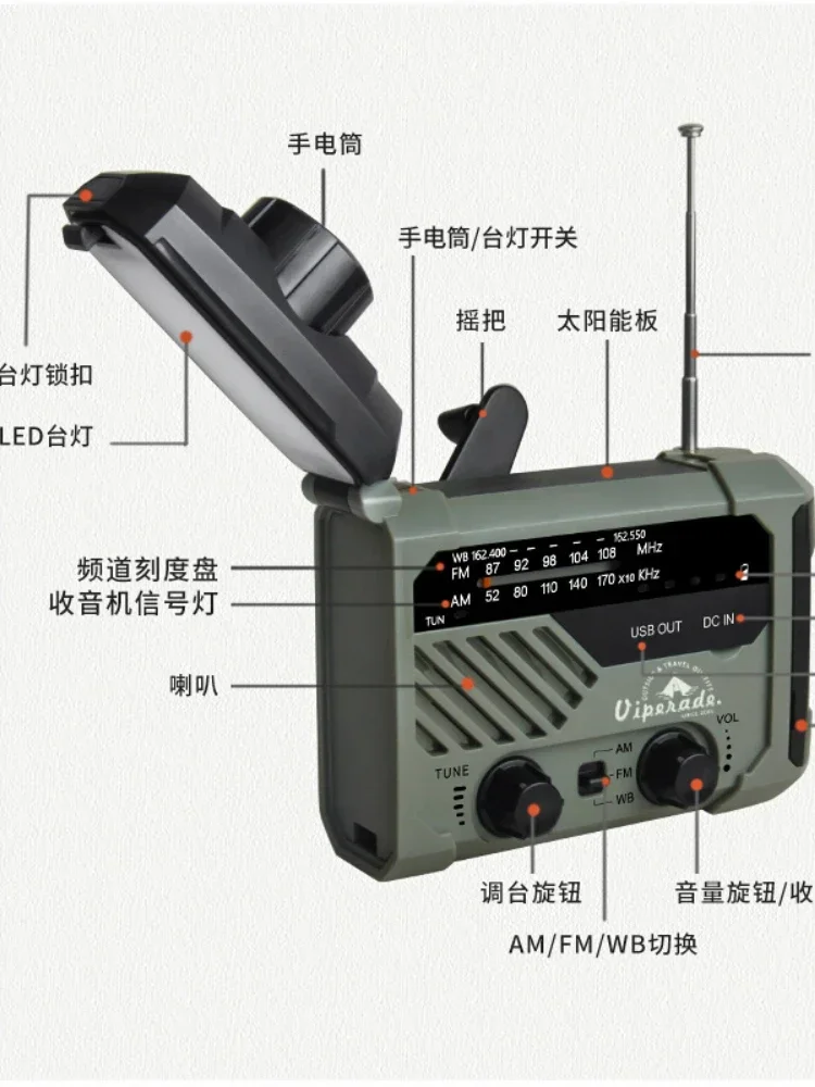 *Outdoor hand-cranked power generation emergency disaster prevention multi-function flashlight radio solar USB charging