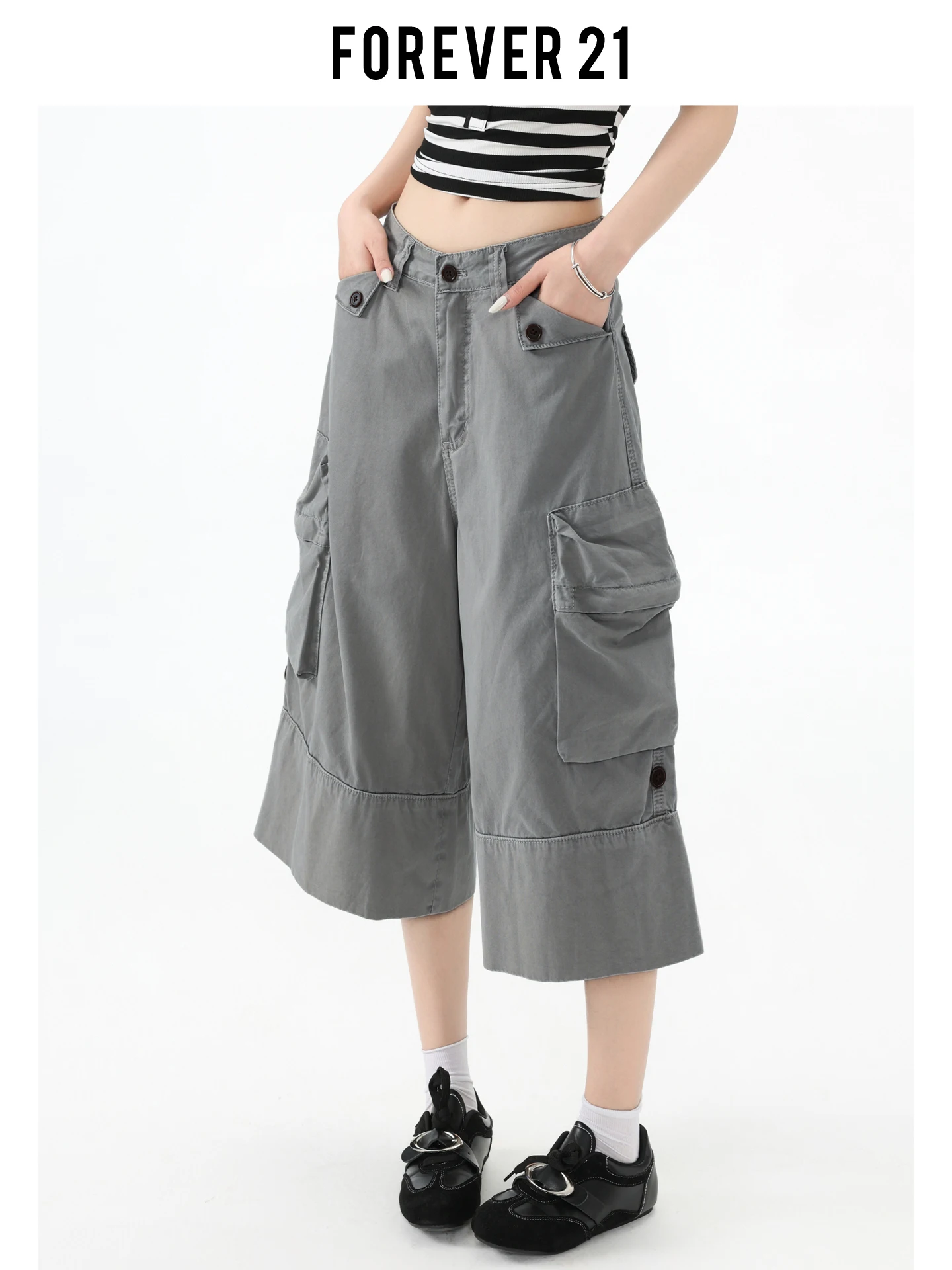 Pantalones vaqueros Forever 21 de estilo americano, finos, de pierna ancha, de cintura alta, holgados, grises, para mujer, diseño Sense, pantalones de siete cuartos de largo, talla mediana