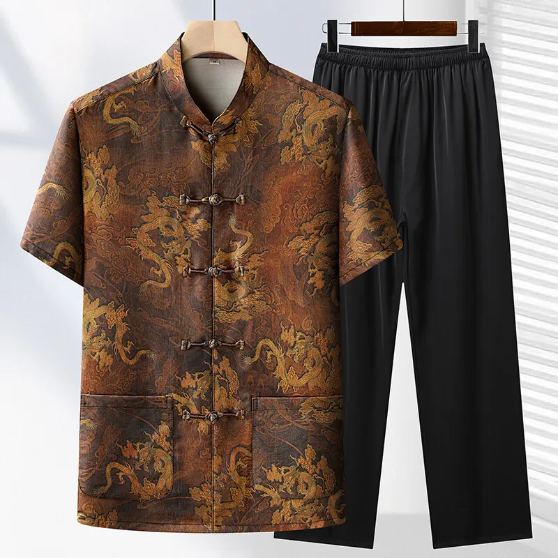 classical style(Shirt + trousers)2025 summer Men's Chinese style sets men fashion Two Piece short sleeve shirt Highquality shirt