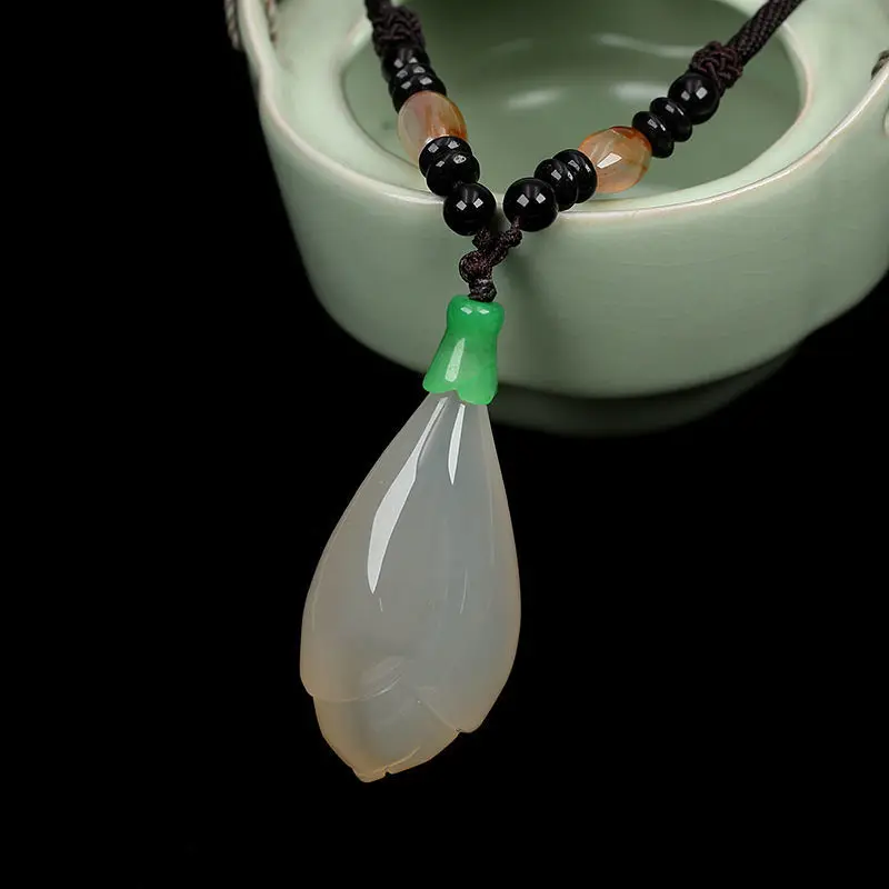 Jade Magnolia Flower Necklace Pendant White Natural Charm Jewellery Fashion Accessories Hand Carved Luck Amulet Gifts