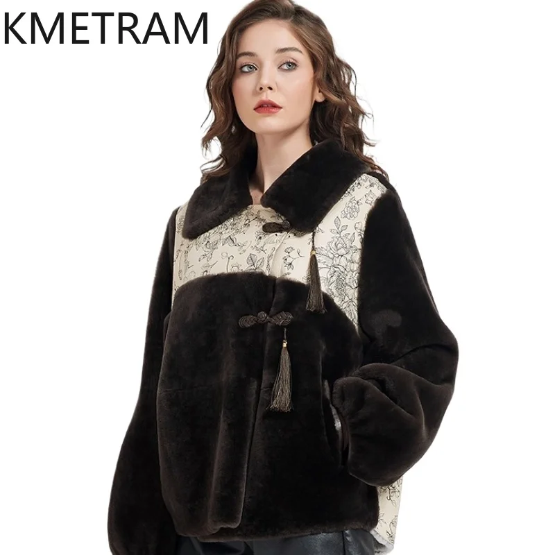 KMETRAM 100% Natural Goat Sheepskin with Wool Atttached Real Fur Coat Fashion Short New 2025 Winter Women Clothing шуба женская