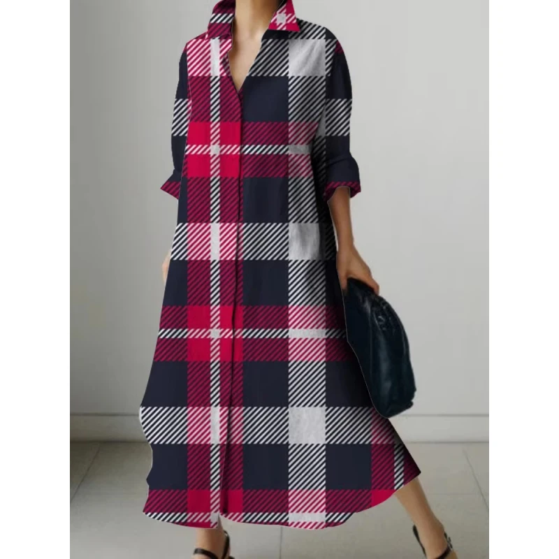 Dress Long Sleeve Lapel High Low Dress Soft Skin Friendly Fabric Women's Shirt Long Dresses Plaid 3D Printed Lapel Tunic Dresses