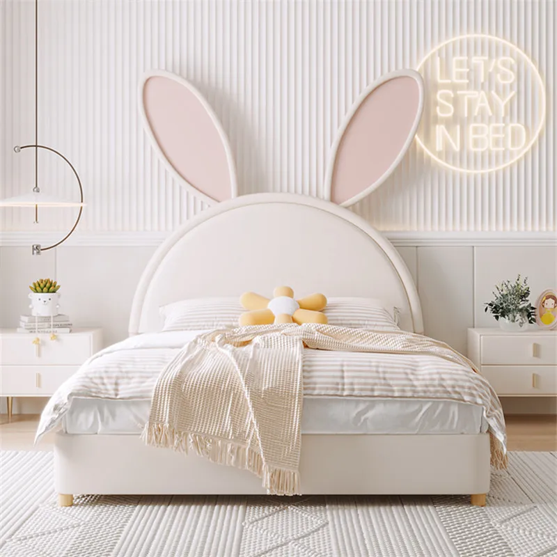 

Cute Rabbit Children's Bed Nordic Princess Solid Wood Children's Room 1.2m Net Red Technology Leather Soft Bag Bed Yamule