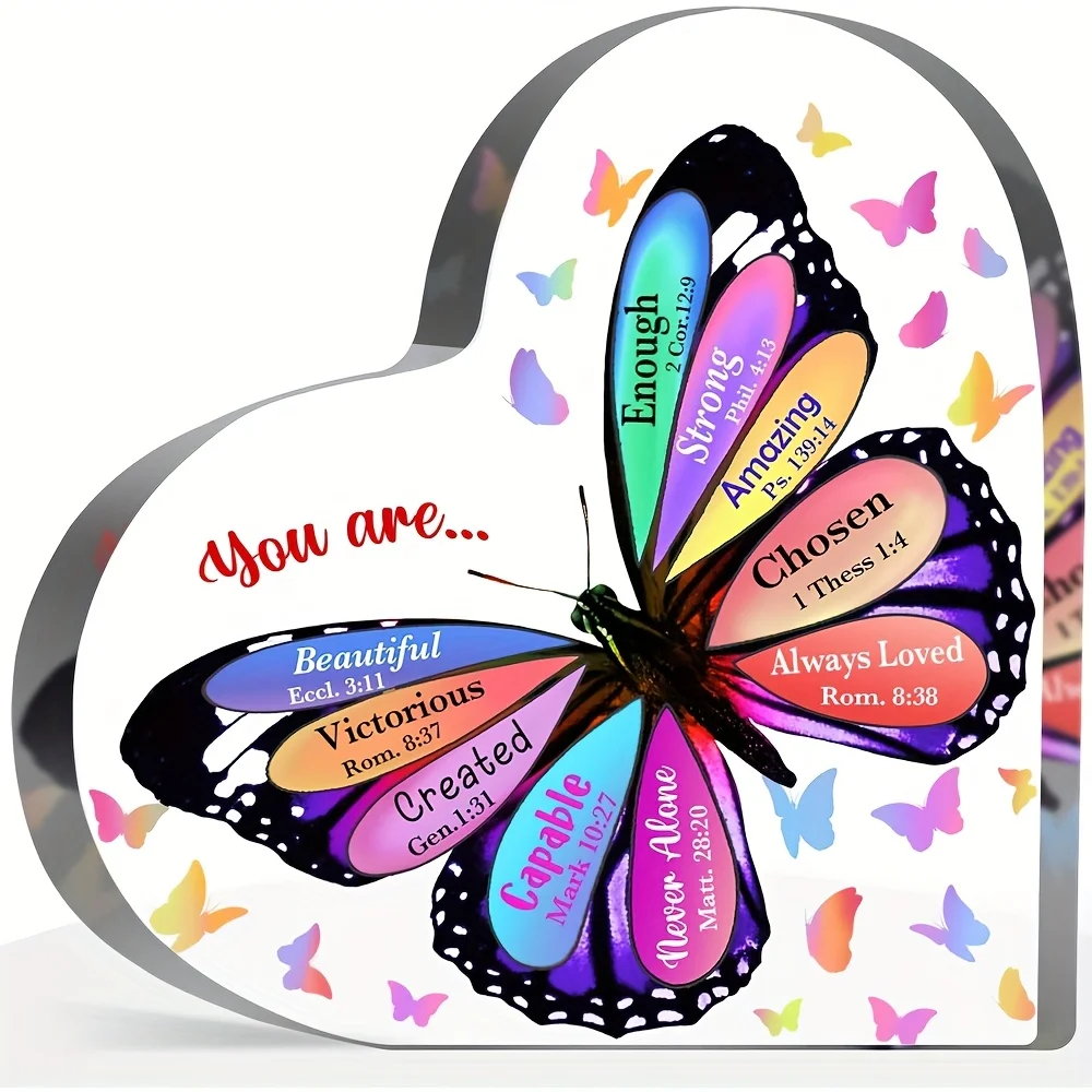 2D， Heart shaped acrylic desktop decoration - scripture butterfly design, desktop decoration, Christian gift, spiritual gift