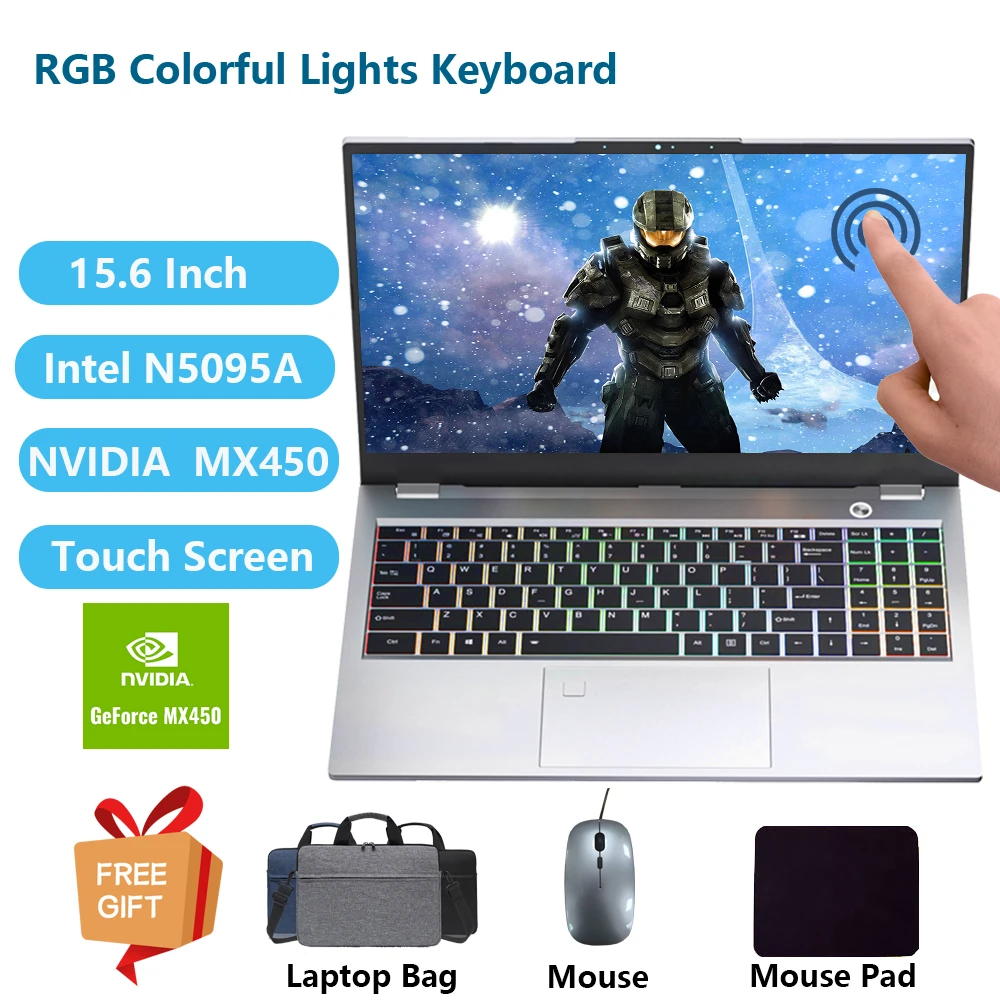 Laptop Touch Screen com placa gráfica, GeForce MX450, notebook escolar, computador, PC, 15, 6 Polegada, Intel N5095A, 64GB de RAM, 1TB, RJ45, 2024