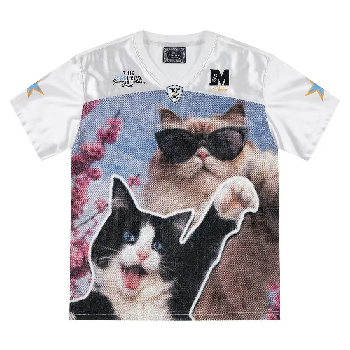 Korean Design Cute Cool Cat Floral Graphic V Neck T Shirt Women Y2K Loose Short Sleeve Baseball Jersey Streetwear Tee Harajuku