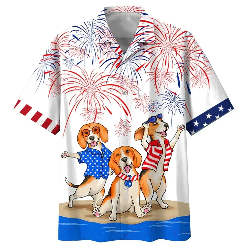 Moda bandiera USA camicie stampate in 3D per uomo abbigliamento divertente animale cane grafico manica corta camicie da spiaggia hawaiane vacanza Y2k Top