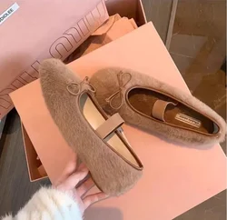Sweet Pink Mink Fur Ballet Flats Women Round Toe Bowtie Plush Inside Mary Janes Shoes Female Elastic Band Big Size