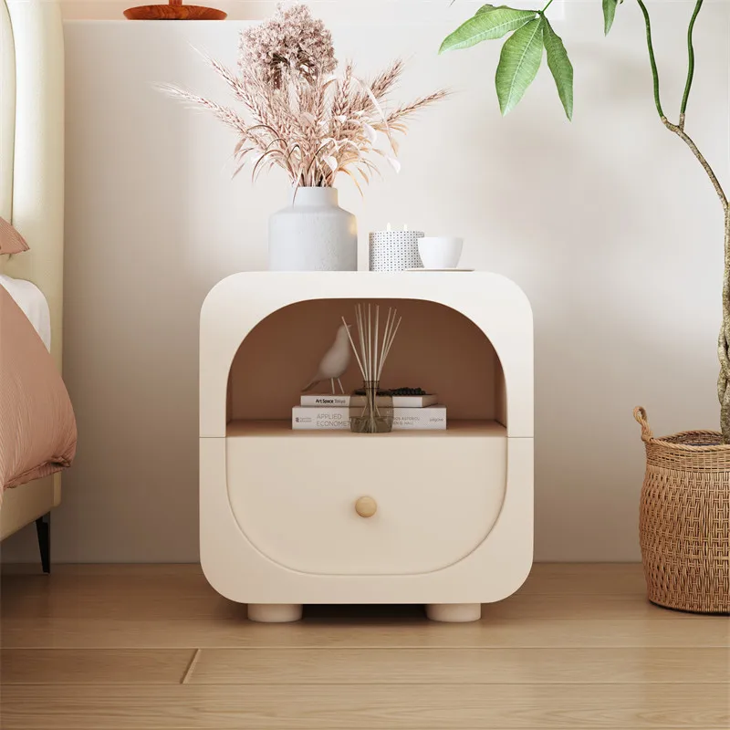 Cream Bedside Nightstand, No Assembly Bedroom Storage Cabinet, Modern Minimalist End Table, Compact Landing Drawer Unit
