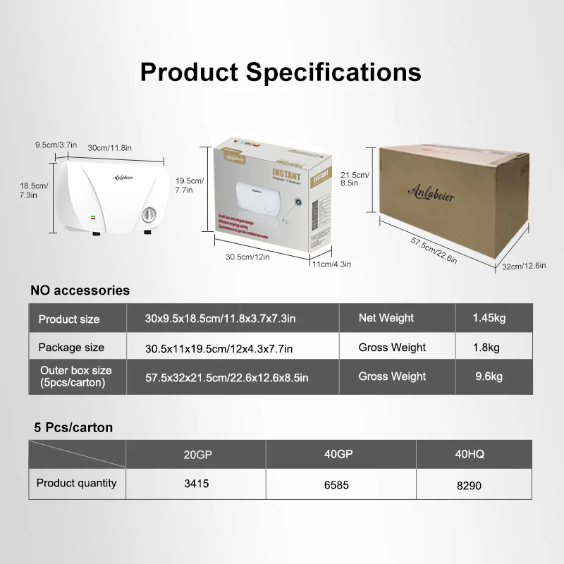 공장가 소형 5500W 8000W SS304 발열체 수평 온도 조절 순간 온수기