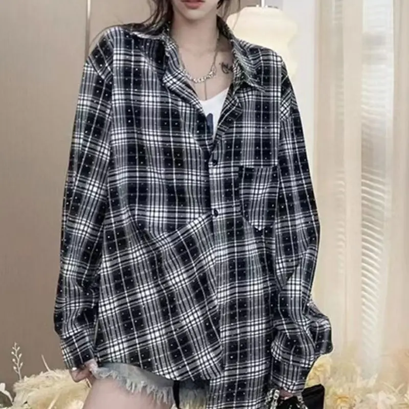 Patchwork Printing Blouses Plaid Fashion Loose Autumn Thin Office Lady Turn-down Collar Long Sleeve Buttons Women\'s Clothing