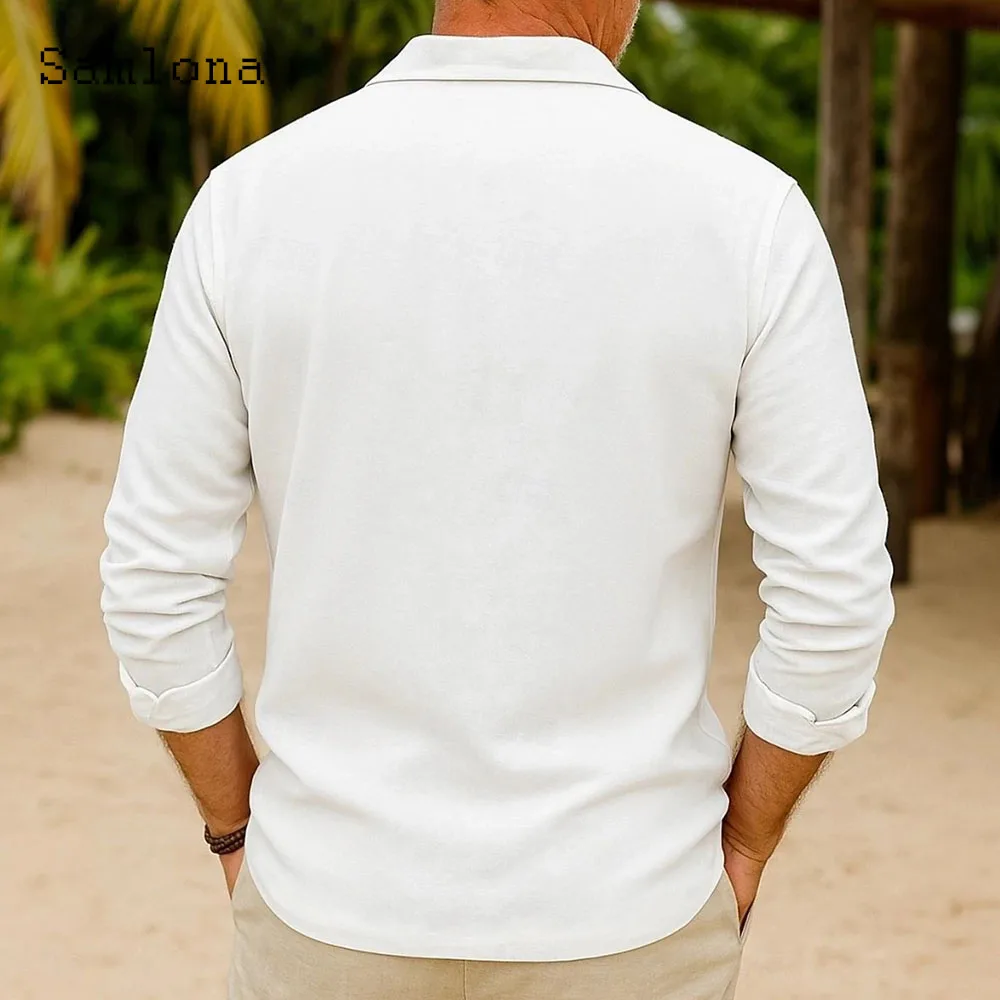 2025 Men's Stand Pockets Casual Linen Shirts Long Sleeve Notched Shirt blusas Men Casual Retro Blouse Plus Size Mens Camisa Tops