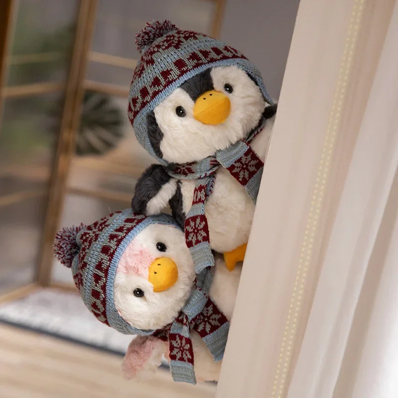 الكرتون الشتاء البطريق الأرنب مع قبعة وشاح Kawaii عناق لينة ألعاب من القطيفة محشوة الحيوان وسادة هدايا عيد الميلاد #3