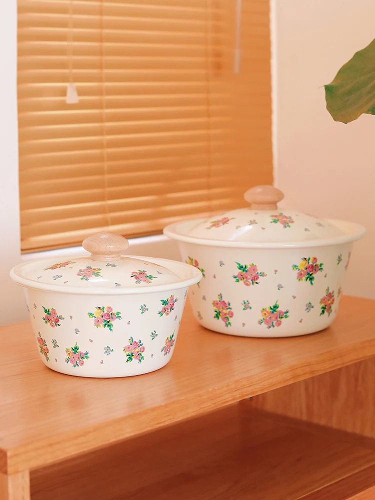Enameled Kitchen Sink Pig Lard Pot round Shape Home Use Soup Bowl Dishwasher Safe French Style Country Life Pattern Enamelware