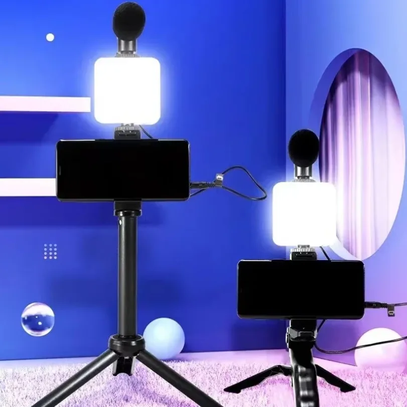 سطح المكتب المحمول حامل هاتف بسيط البث المباشر ميكروفون ترايبود عدة LED ملء الضوء لجميع الهواتف الذكية لايف سجل جبل