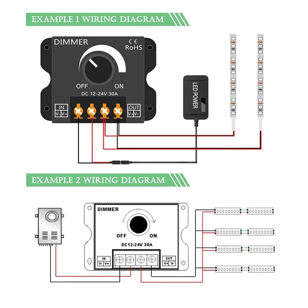 Rotary Dimmer Adjustable Brightness LED Lamp Bulb Strip Driver Single Color Light Power Supply Controller 30A DC 12V 24V 360W