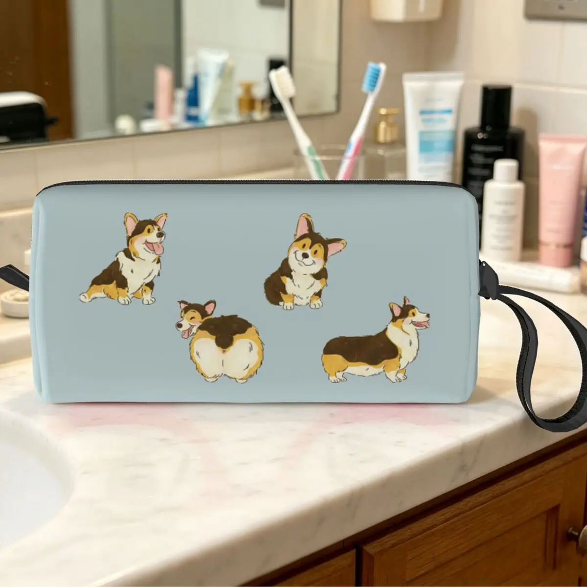 Tri Color Corgi Dog Makeup Bag Cosmetic Organizer Toiletry Cosmetic Bag for Women Beauty Travel Pencil Case