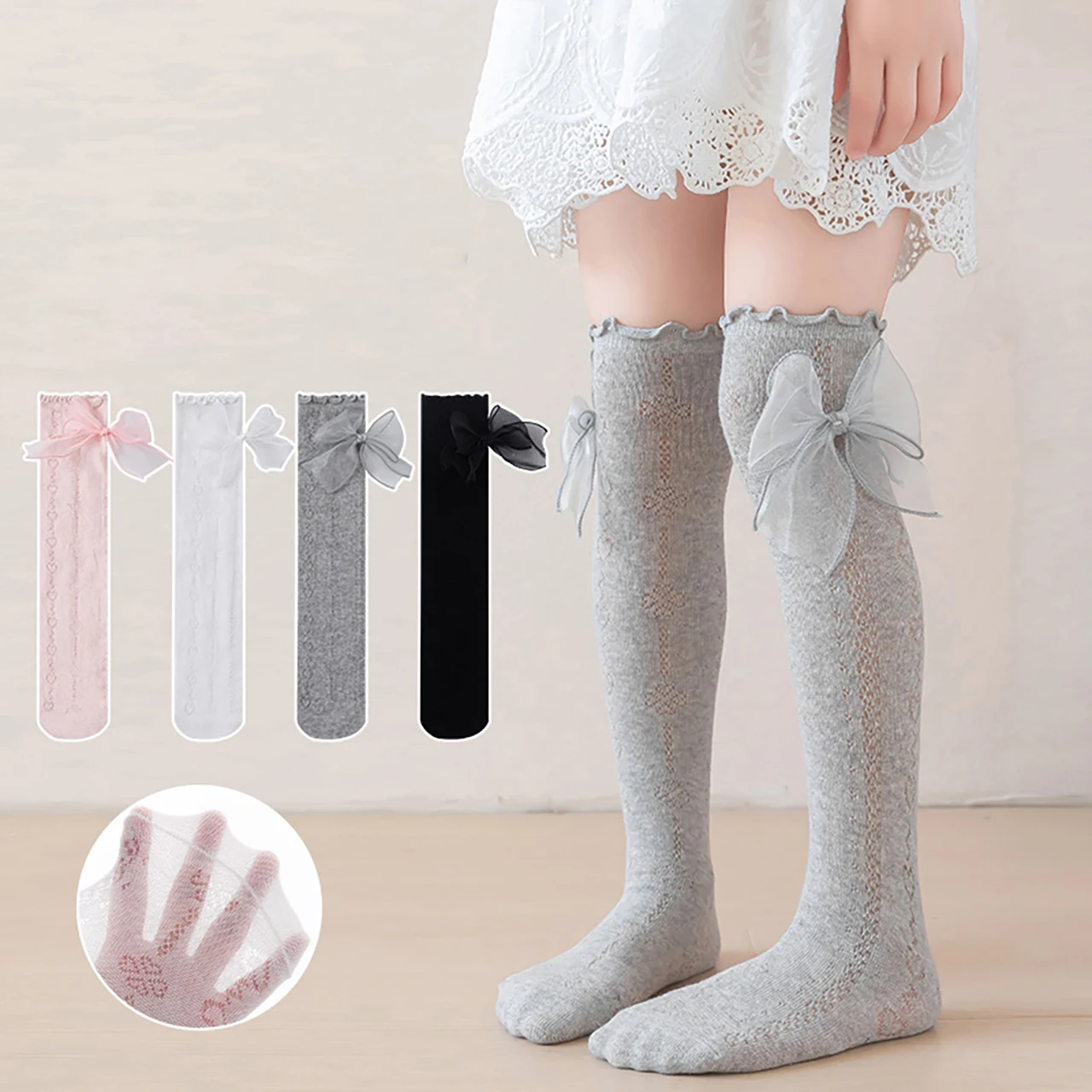 Princess Girl Long Stockings Sweet Bow Love Over Knee High Socks Lolita Footwear 3-12Year Kids Summer Mosquito Proof Mesh Socks