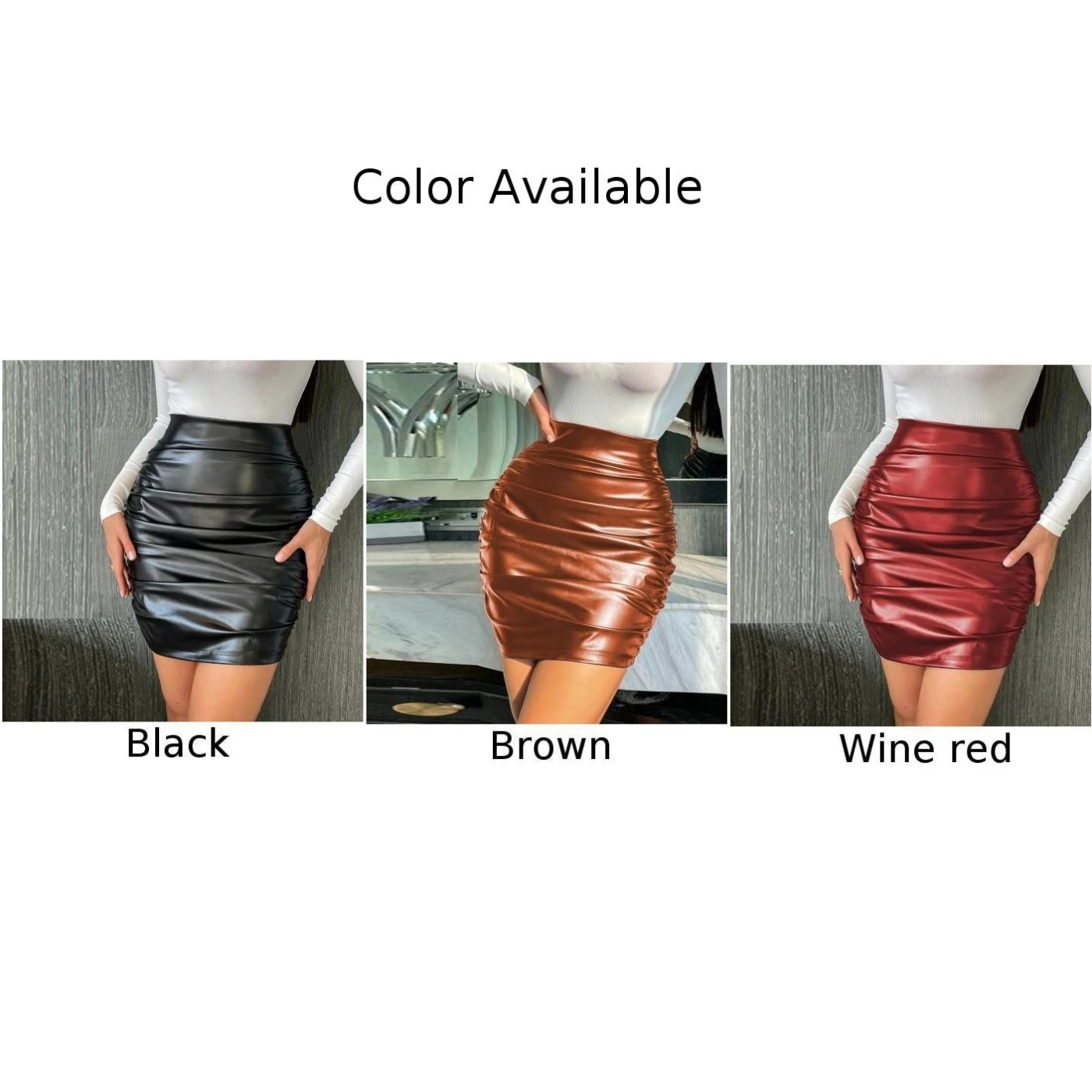 Faux Leather Pencil Skirt for Women High Waist Wet Look Clubwear Stretchable Office Skirt S 2XL Multiple Colors