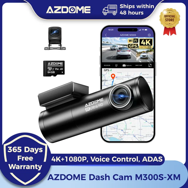 AZDOME Kamera Samochodowa M300S 4K+1080P Podwójna Kamera Samochodowa z Wbudowanym WiFi GPS ADAS Rejestrator Jazdy DVR Tryb Parkowania 24H Noktowizor Czarna Skrzynka