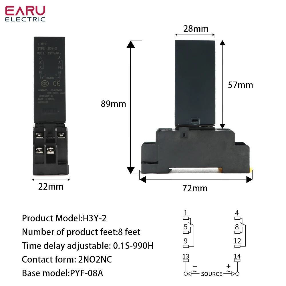 Relé de tiempo Digital, 0,1 S-990H de encendido, retardo de ciclo de apagado, multimodo, DC12V, DC24V, AC220V, H3Y-2 con toma de Base 2NO2NC