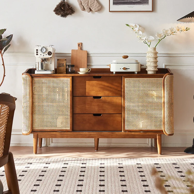 New Chinese-style solid wood real rattan dining side cabinet restaurant wabi sabi wind double cabinet door with drawer