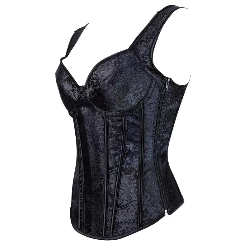 Women Sexy Vintage Corset Bustier Top with Cup Shoulder Straps Body Shaper Zip Lace Up Plus Size Lingerie