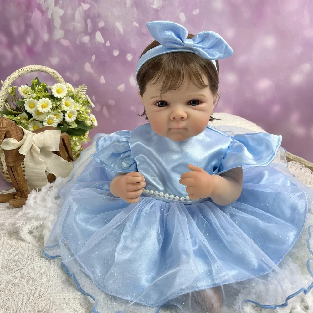 BZDOLL 45 CM Lifelike Reborn Baby Doll 18 Inch Full Vinyl Body Handmade Fashion Toy with Blue Gauze Skirt Birthday Gift for Kids