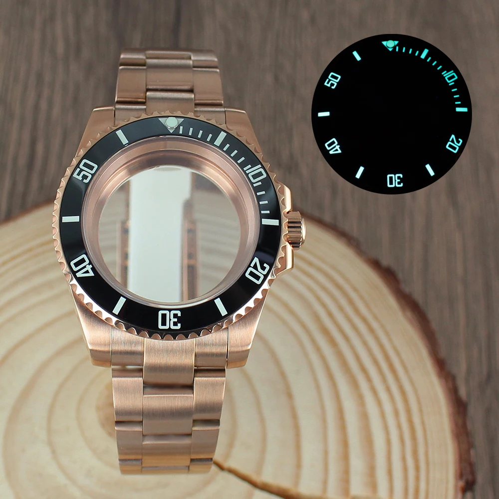 

40mm High Quality Women's NH35 Rose Gold Watch Case Bracelet Sapphire for NH35 NH36 NH34 8215 Eta 2824 SUB luminous bezel insert