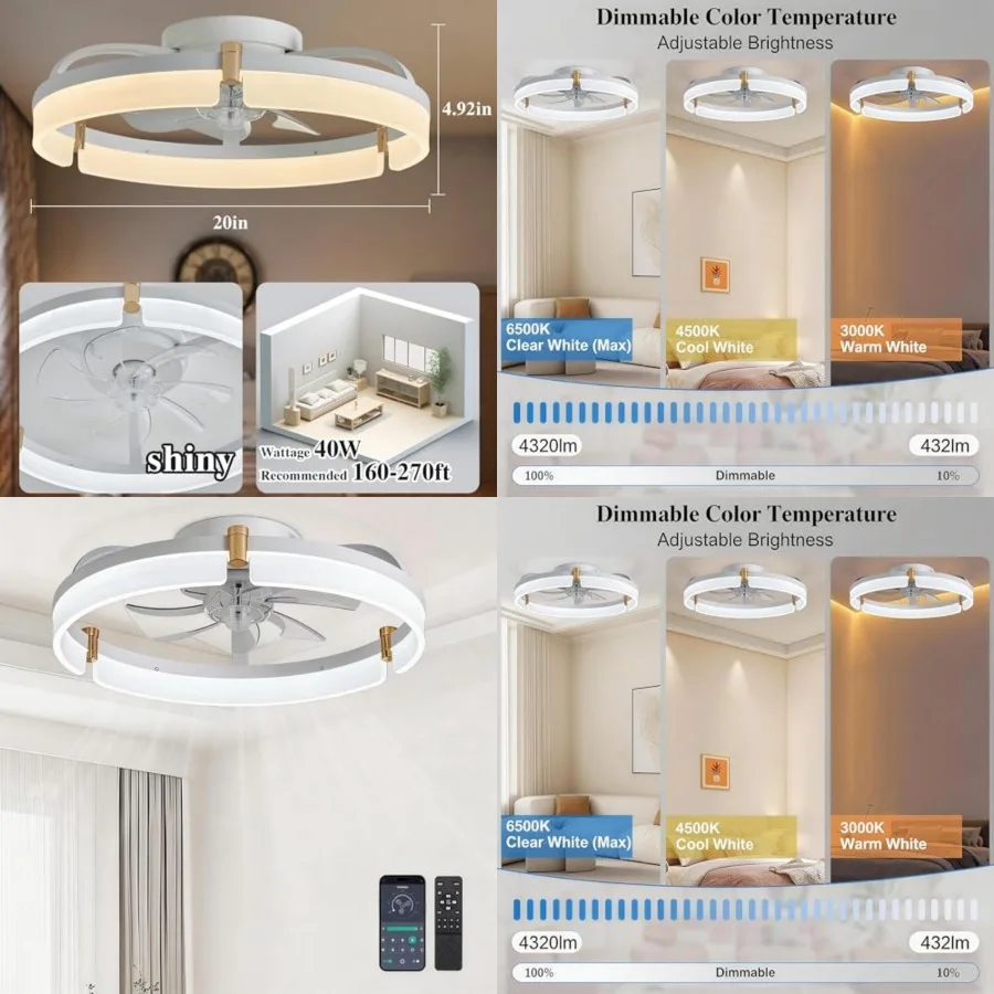 Ceiling Fans with Lights and Remote Fandelier - 20'' Flush Mount Low Profile Modern Ceiling Fans for Bedroom - Stepless Color T