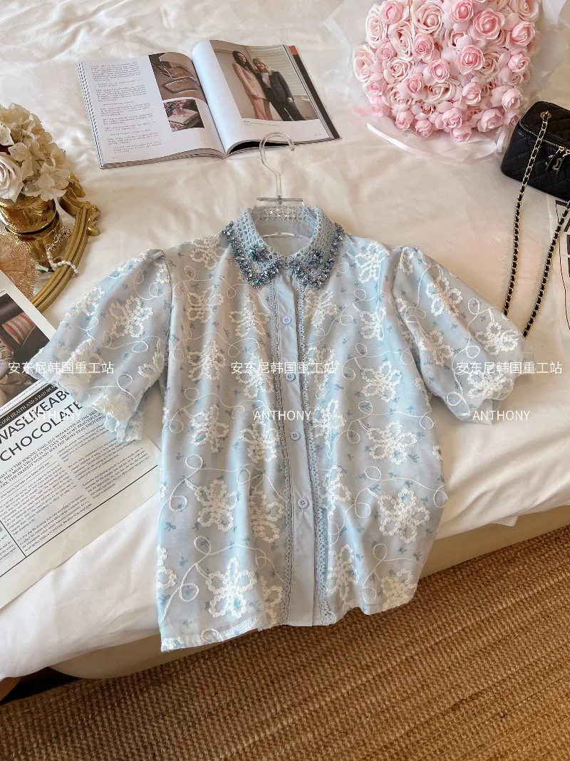 

Summer New Heavy-duty Rhinestone Floral Embroidery Elegant Lapel Puff Sleeve Shirt Korean INS Loose Slim Elegant Blouses Top