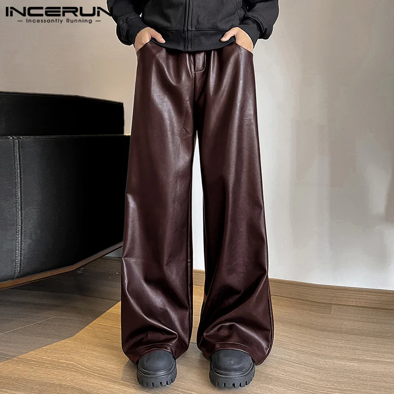 

INCERUN 2024 Korean Style Trousers Fashion New Men Leather Long Pants Casual Streetwear Solid All-match Wide Leg Pantalons S-5XL