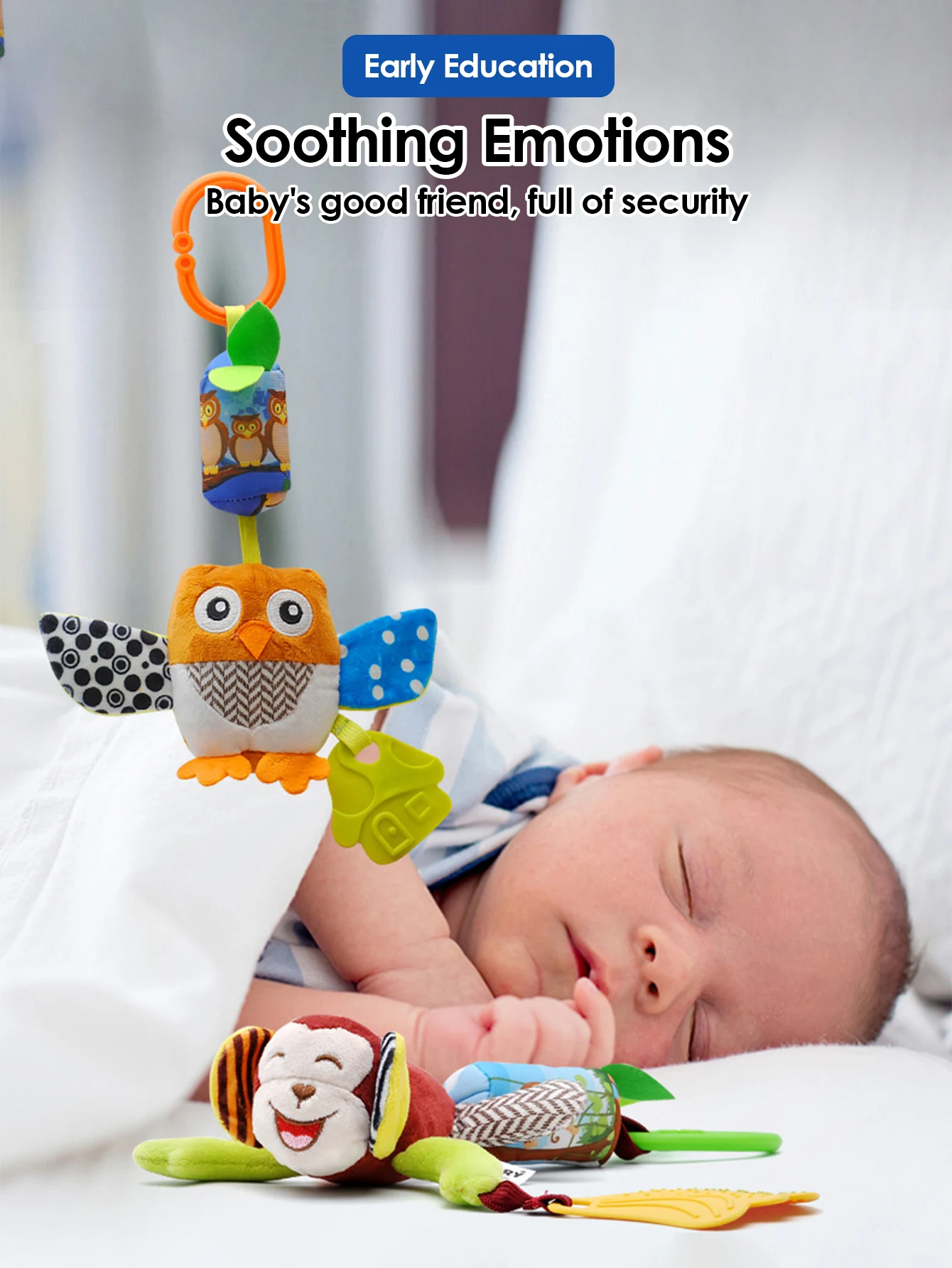 1 passeggino in peluche in rattan neonato giocattolo con ciondolo animale del fumetto, giocattolo sensoriale per bambini precoci, ciondolo confortevole per seggiolino di sicurezza per bambini