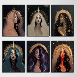 Celestial Goddesses Witch Dark Aesthetic Art Nouveau Moon and Star Poster Print Canvas Painting Wall Picture for Room Home Decor