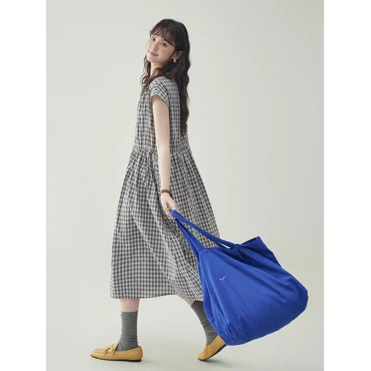 Summer New Women's Cotton V-neck A-line Short-sleeve Midi Dress Drawstring Black Grids Artistic Style Sweet Female Dress