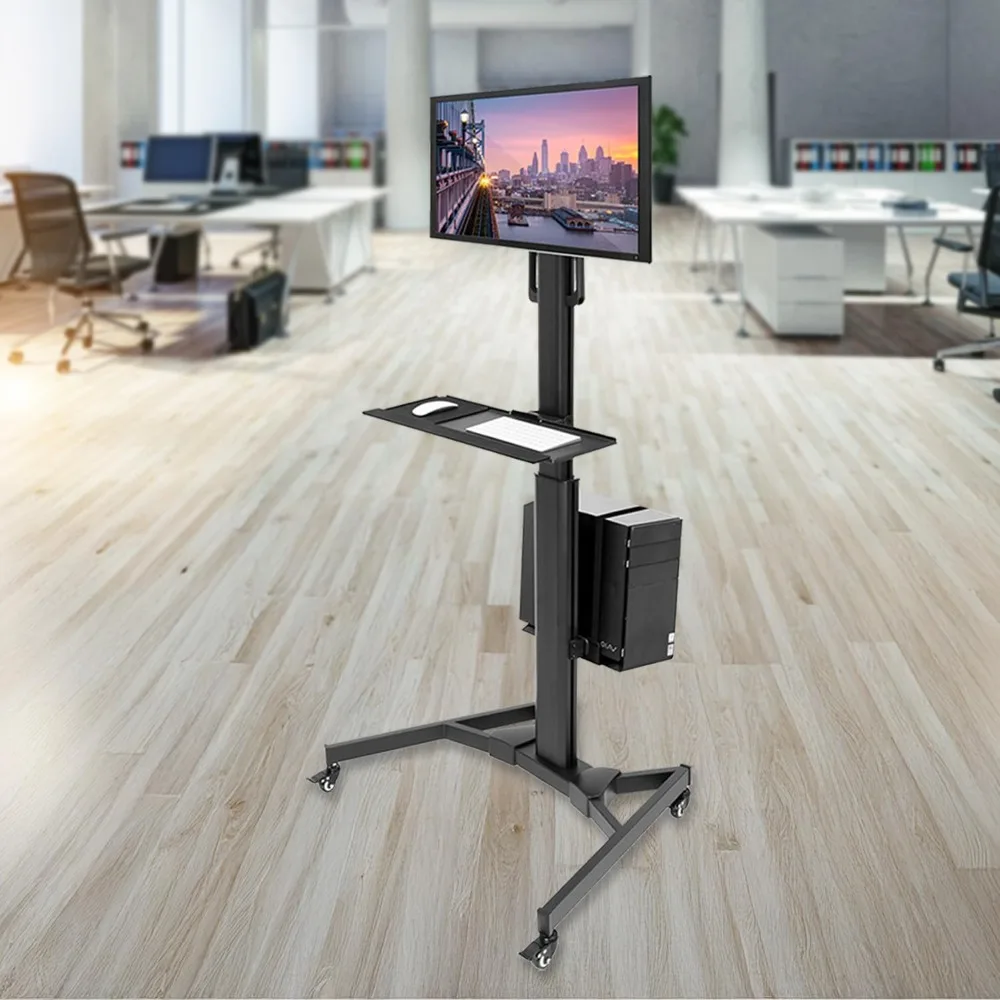 Mobile Rolling Computer Desk with Monitor Stand for Screens up to 32, Compact Workstation for PC, Includes Keyboard Tray - Ergon