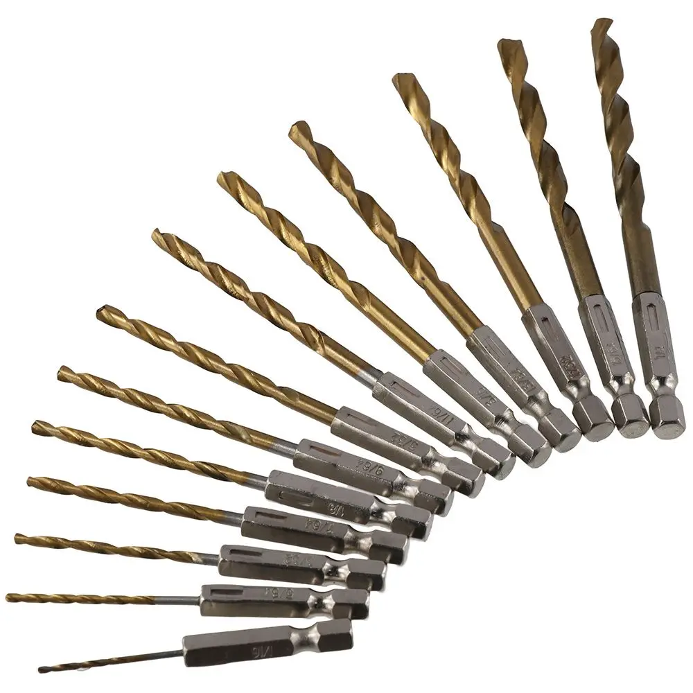 

13 шт./компл., титан, сталь, 13 шт., набор сверл с шестигранным хвостовиком, 1/16-1/4, титановые ударные шестигранные сверла, золото и белый, 135 градусов