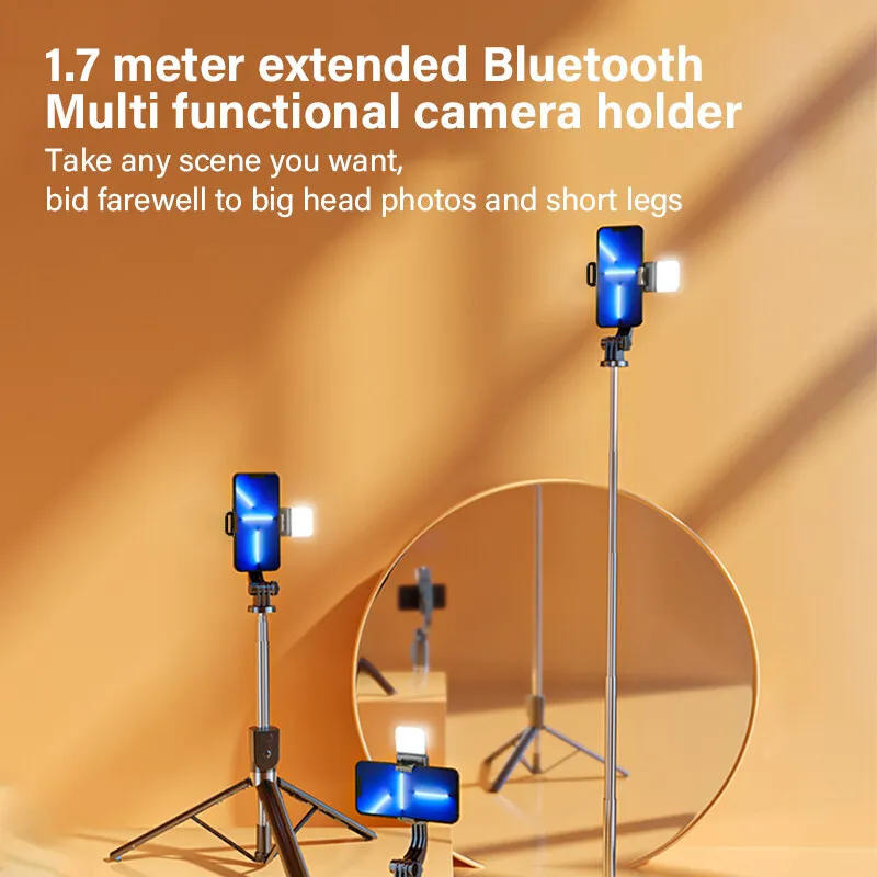 170CM Bluetooth Selfie Stick Mobile Phone Holder Retractable Portable Multifunctional Mini Tripod with Wireless Remote Shutter