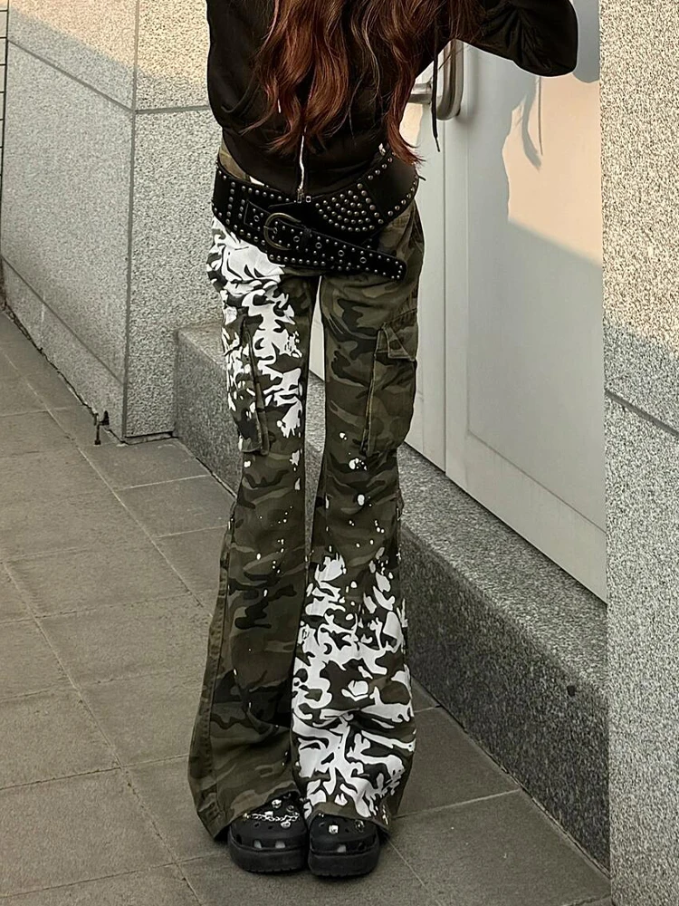

American High Street Splaed Paint Spray Ink Camouflage Work Pants Women's Spring New Hot Girl Design Sense Micro Flared Lon...