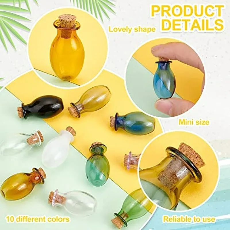 10pcs Mini Glass Bottles Colored Tiny Spell Jars Mini Potion Bottle Oval Wishing Bottle Vials with Corks Stopper Drifting Bottle