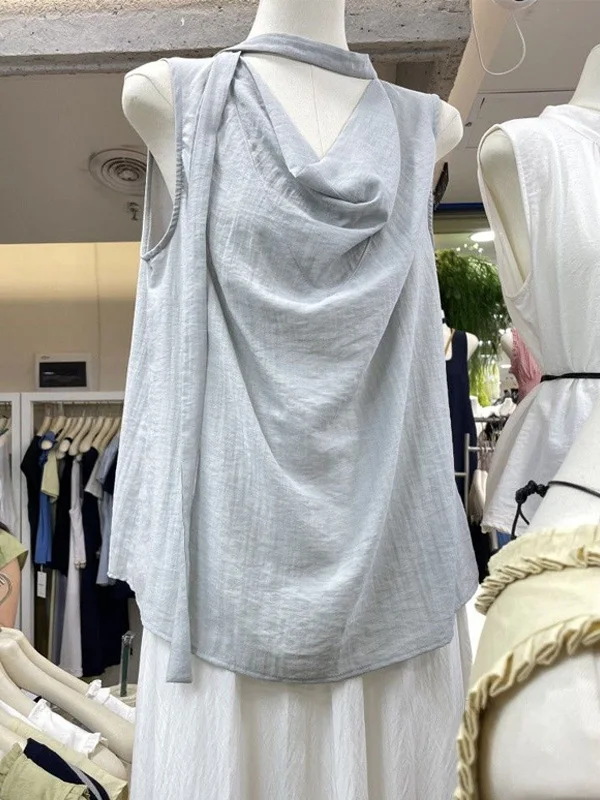 

Элегантная однотонная женская рубашка: летняя модная легкая роскошная безрукавка с воротником-стойкой из дышащего полиэфирного волокна