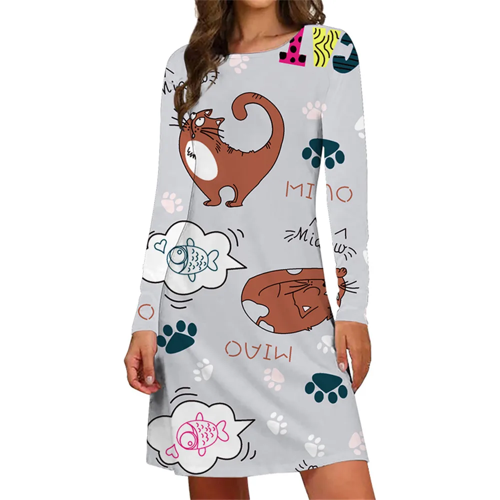 Zebra Stripes Animal Cats Print Dresses For Women Trend Cute Long Sleeve O-Neck A-Line Dress Oversized Casual Fashion Clothing