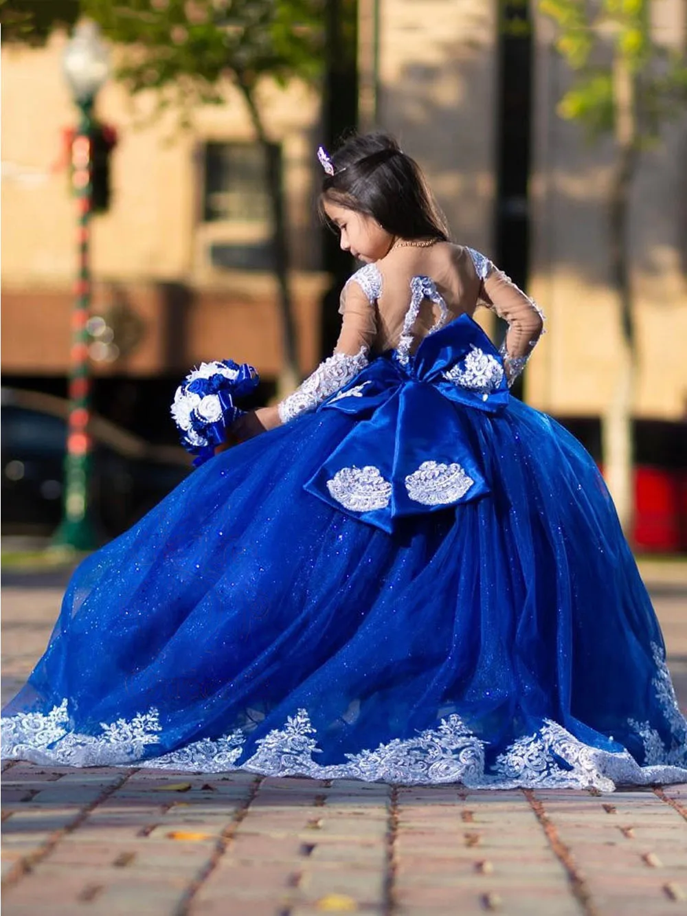 Vestidos de tul de encaje para niñas, vestidos de fiesta de comunión con lazo, vestido de desfile de princesa de manga larga con tren