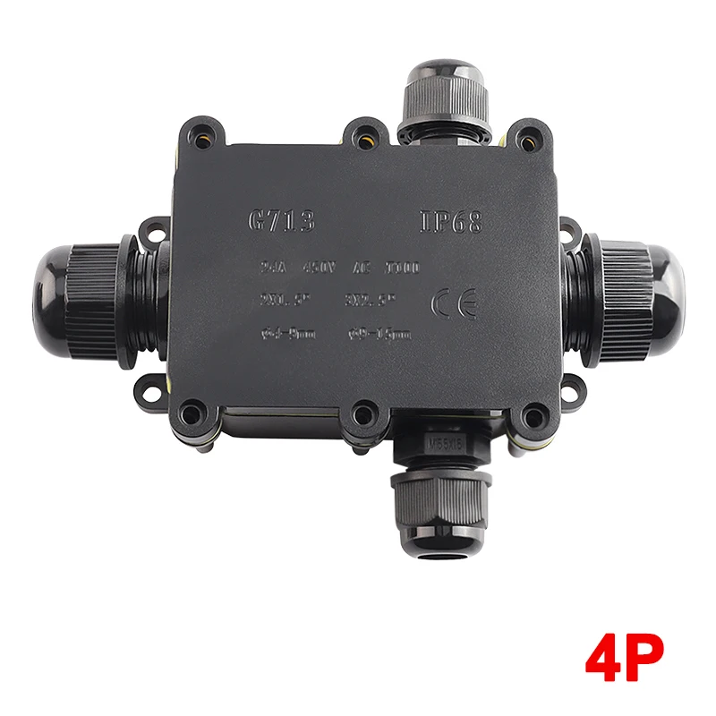 IP68 Black Waterproof Electrical Junction Box 2/3/4/5/6 Way with Cable Gland for Cable Connection Wiring Accessories
