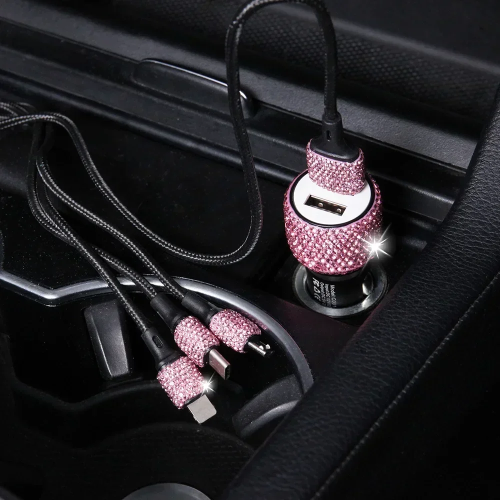 Bling usb carregador de carro 5v 2.1a porta dupla adaptador rápido rosa decoração do carro estilo diamante acessórios do carro interior para mulher